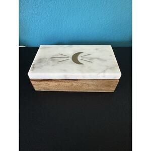 Indukala Crescent Moon Box Wood Marble Brass Inlay Boho Jewelry Keepsake Decor